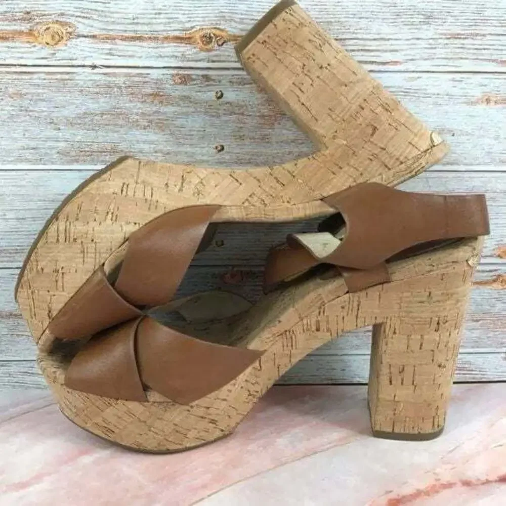 Michael by Michael Kors Natalia Cork Platform Sandal Brown Leather